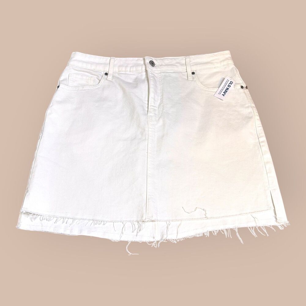 Old Navy Jean Skirt Womens 10 White Denim High Rise Secret Smooth Pocket Raw Hem